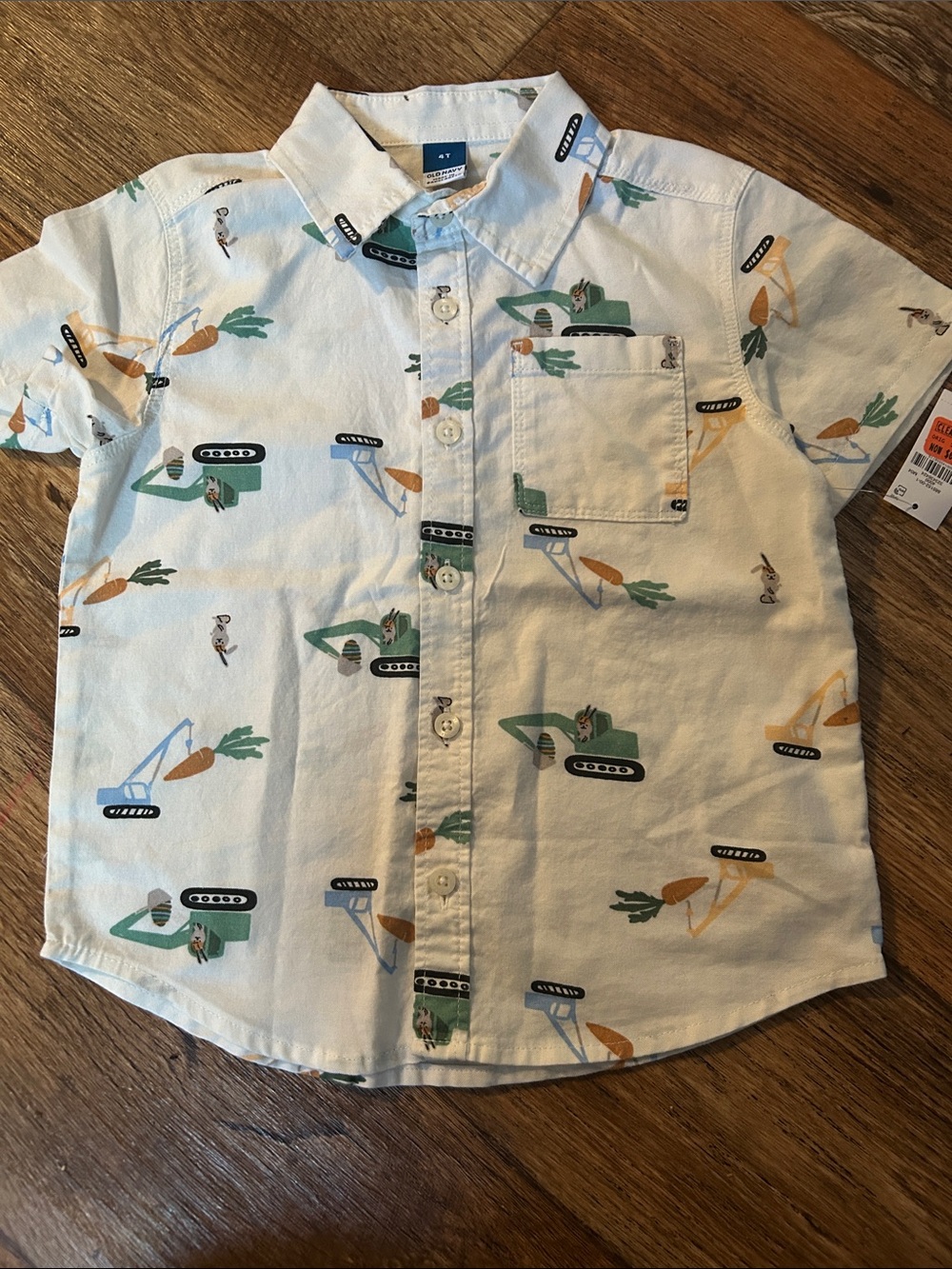 Old Navy White Short-Sleeve Button-Down Shirt with Green & Tan Print